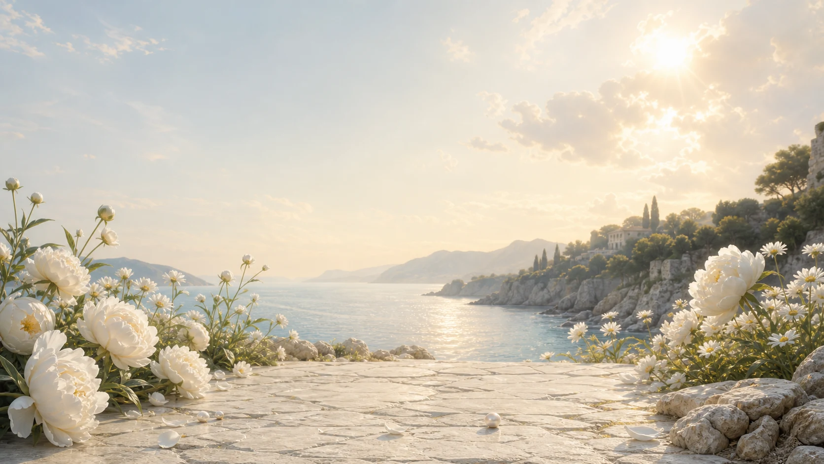 A luminous coastal path framed by white flowers and pearls