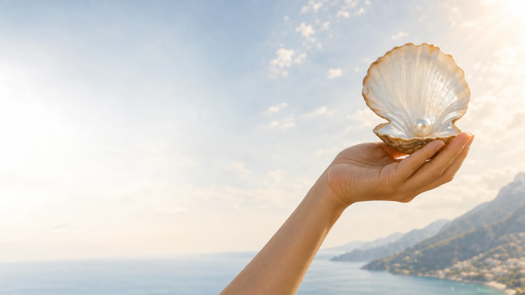 A pearl resting in a shell held against a bright coastal sky