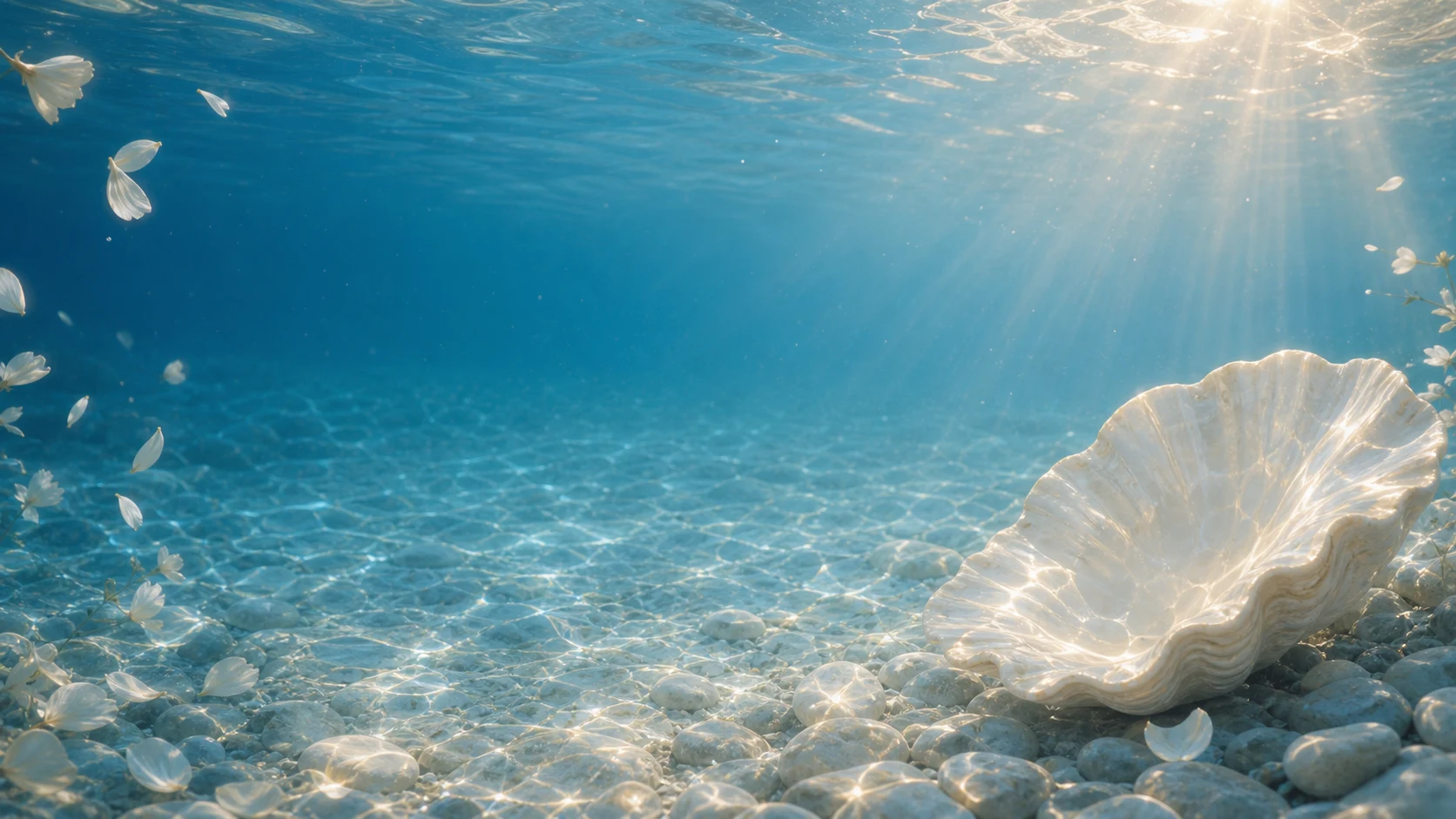 A luminous pearl in an open shell beneath clear blue water