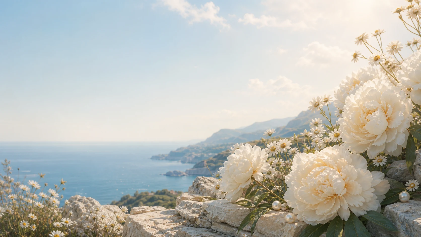 White peonies and daisies blooming beside a Mediterranean coast