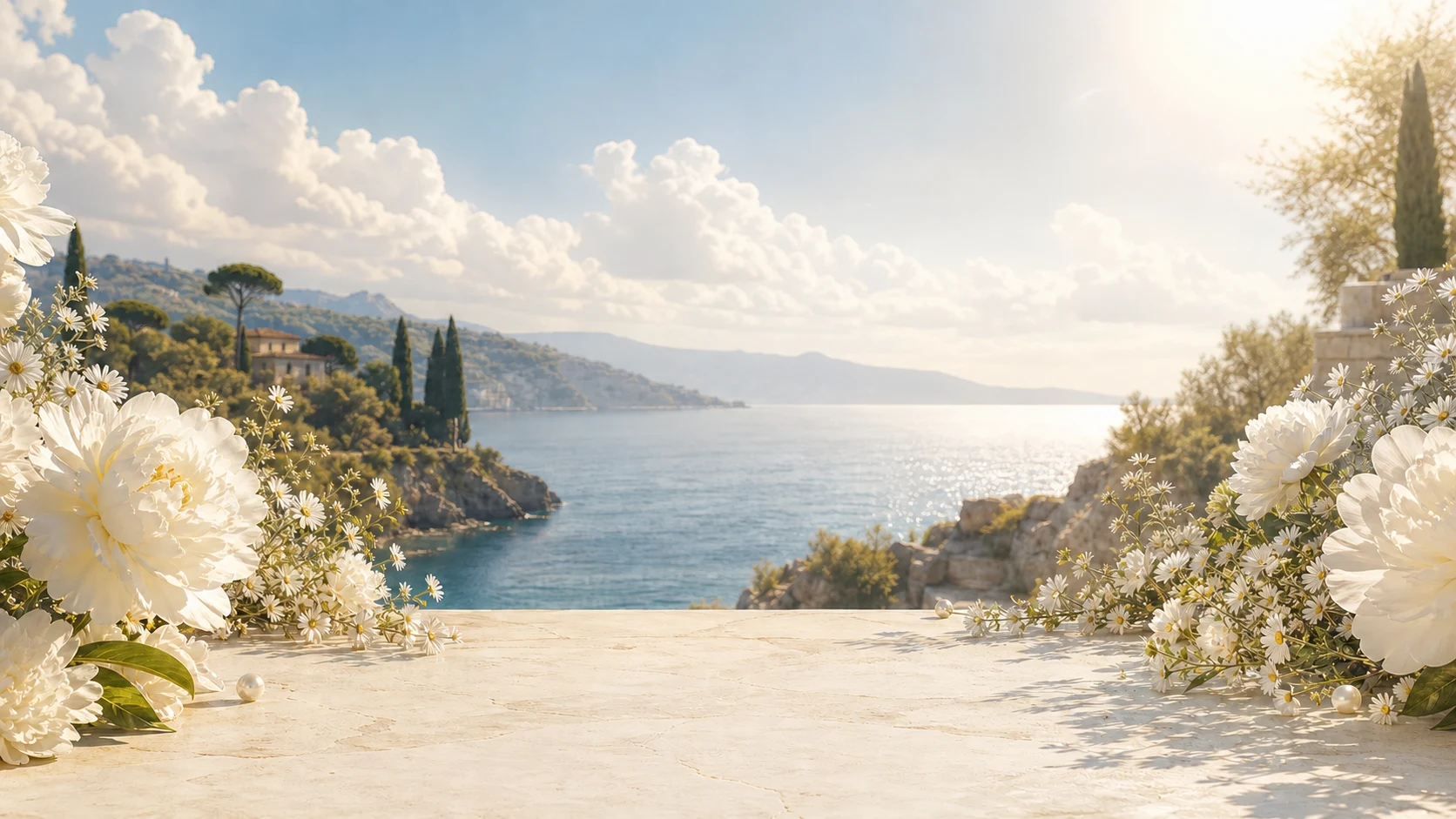 A bright Mediterranean garden path overlooking the sea